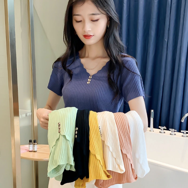 Áo thun tay ngắn cổ chữ V màu trơn thoải mái cho nữ