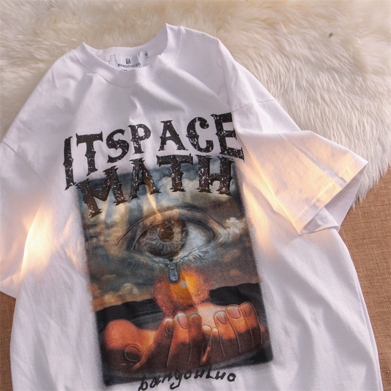 Áo thun 100% cotton tay ngắn dáng rộng dễ phối đồ phong cách Mỹ retro hip hop đường phố thời trang cho cặp đôi F5QR