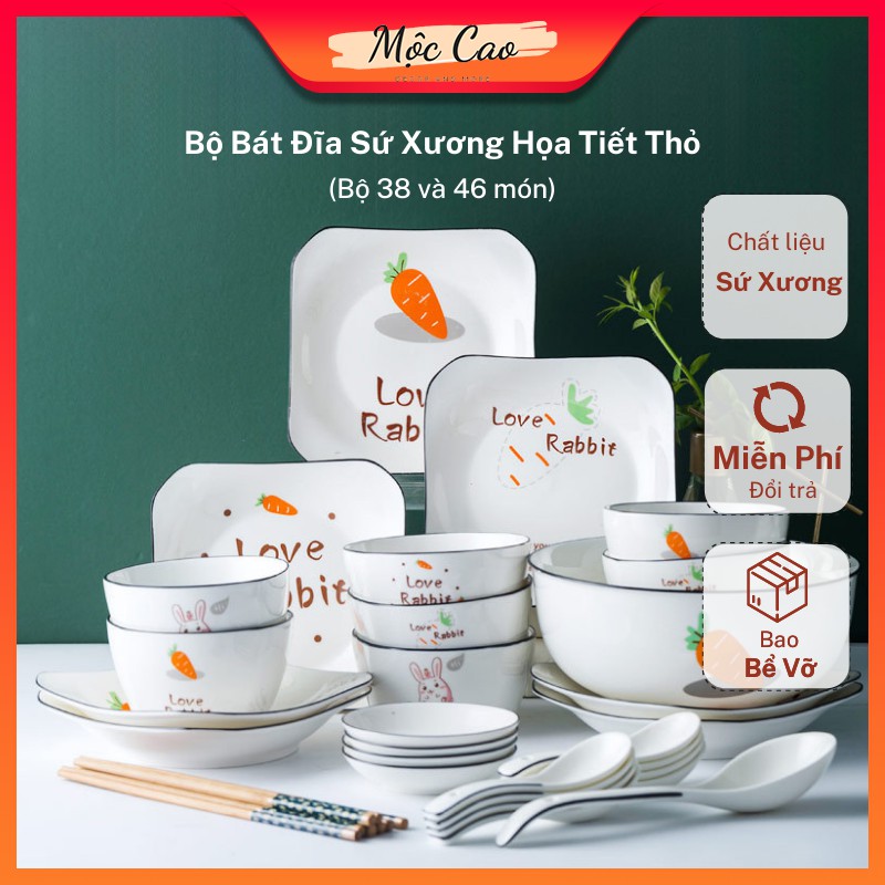 Bộ bát đĩa, set bát đĩa bằng sứ họa tiết thỏ đáng yêu - bộ 38 món và 46 món bát đĩa decor tiện dụng trong gia đình