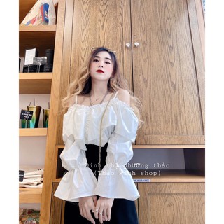 Áo kiểu trắng rớt vai tay bo🌟