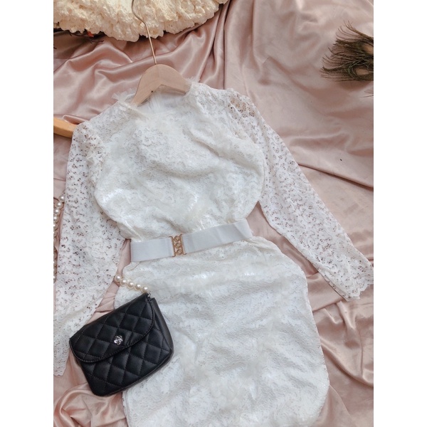 Đầm body ren kèm belt, váy body ren tay dài cao cấp | BigBuy360 - bigbuy360.vn