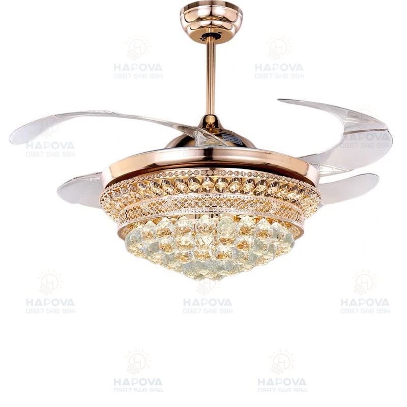 Quạt trần đèn, quạt trần đèn dấu cánh trang trí phòng khách Pha lê HAPOVA ZENKA 8041 + Tặng kèm khiển