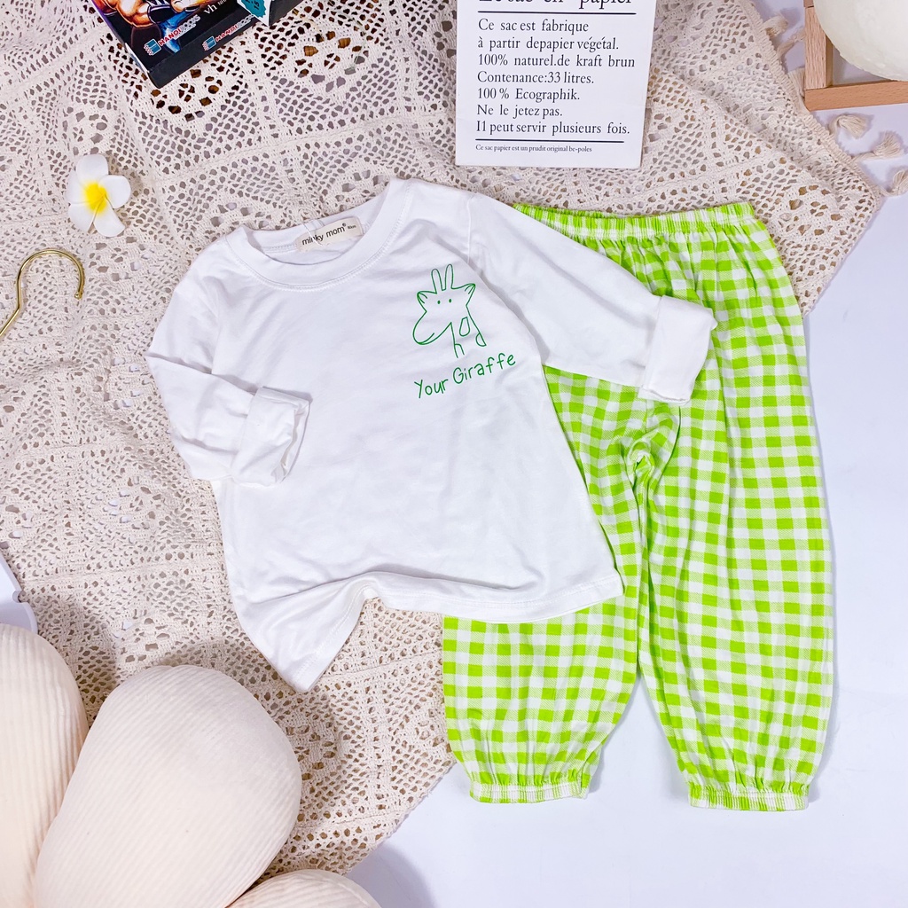 [ Bé 7-19kg] Bộ Dài Tay Thun Lạnh Áo Trắng Quần caro alibaba- Hàng Chuẩn Loại 1 MINKY MOM bé gái từ 7-19kg