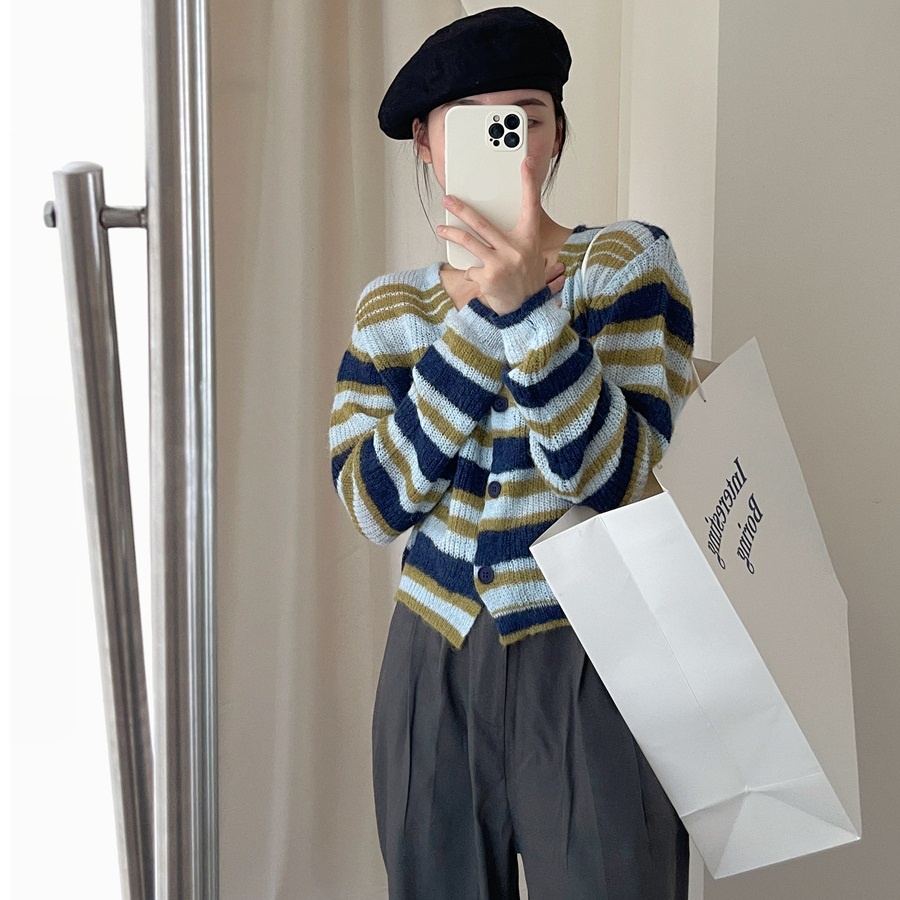 Áo len ZHELIHANGFEI tay dài cổ chữ V họa tiết kẻ sọc thời trang dễ thương cho nữ