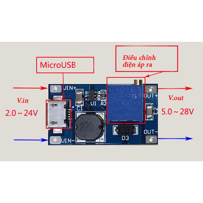 Mạch Tăng Áp 5V -26V 2A Mini có hàn dây sẵn và tản nhiệt nhôm, có Cổng Micro USB ( XY-016 | MT3608 )