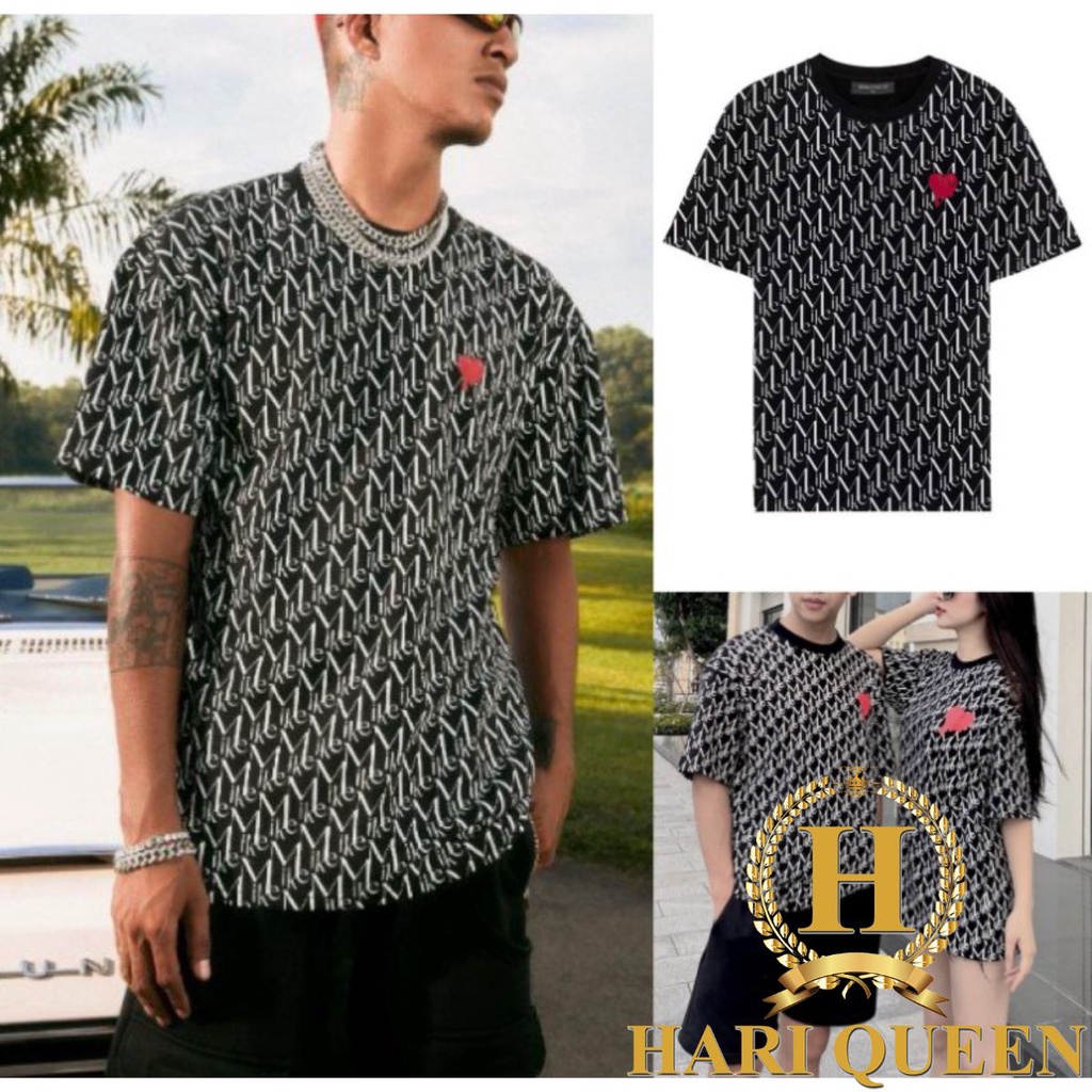 Áo thun tay lỡ Mike Tim Đỏ In Kín Mẫu Monogram 2 rộng đẹp HARIQUEEN - Áo phông nam nữ unisex kiểu hàn quốc vải cotton