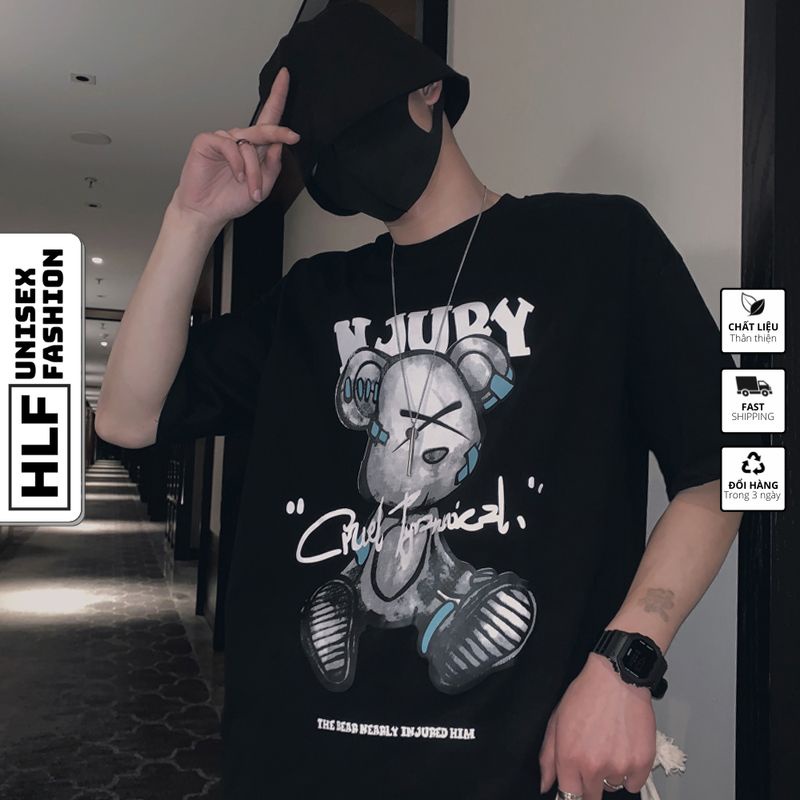 Áo phông nam HLFashion tay lỡ unisex form rộng Gấu NJURY thun oversize nam nữ ulzzang