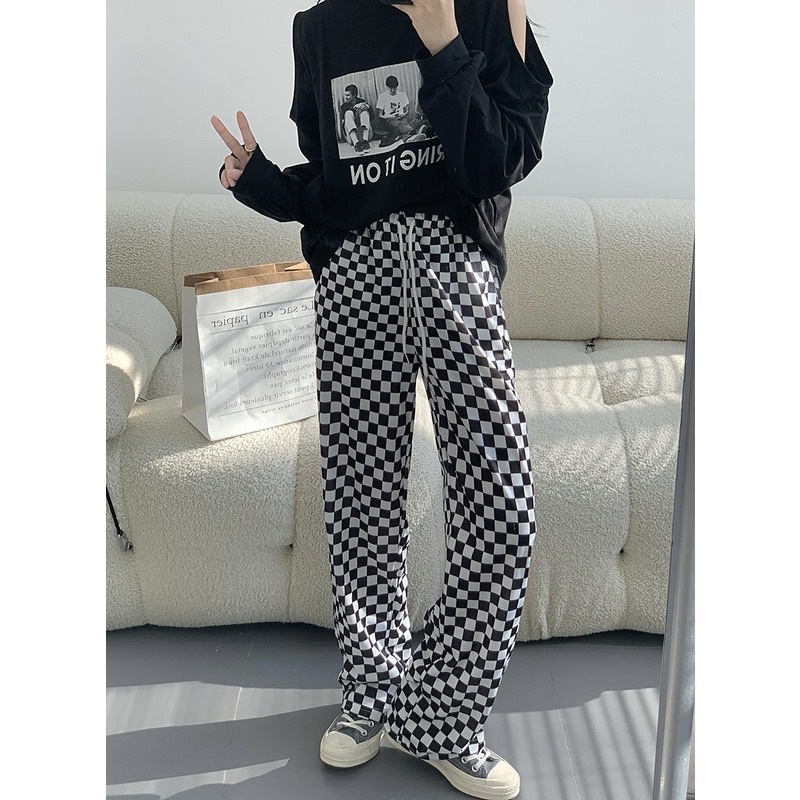 Quần ống suông nữ quần dài nữ cạp chun co giãn kẻ caro nhiều màu xinh PANOSI - Q658