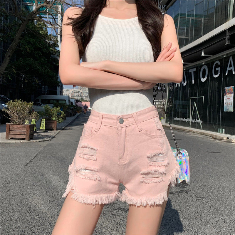 Quần bò rách siêu ngắn Fashion perforated raw edge denim shorts women fashion 2020 summer new Korean high waist slim pink hot pants