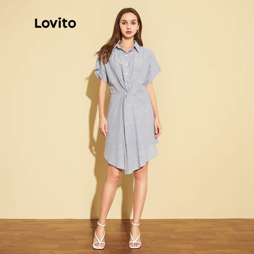 Đầm Lovito cảm giác mát mẻ thắt nút họa tiết sọc màu trơn thường ngày L25ED032 (màu xanh dương nhạt)