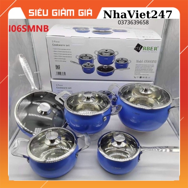 Bộ Nồi Chảo Đun Từ 5 Món ARBER- AN06SMNB-3 đáy-Cao Câp-Inox 304 sáng bóng,bền,đẹp,chính hãng,giá rẻ