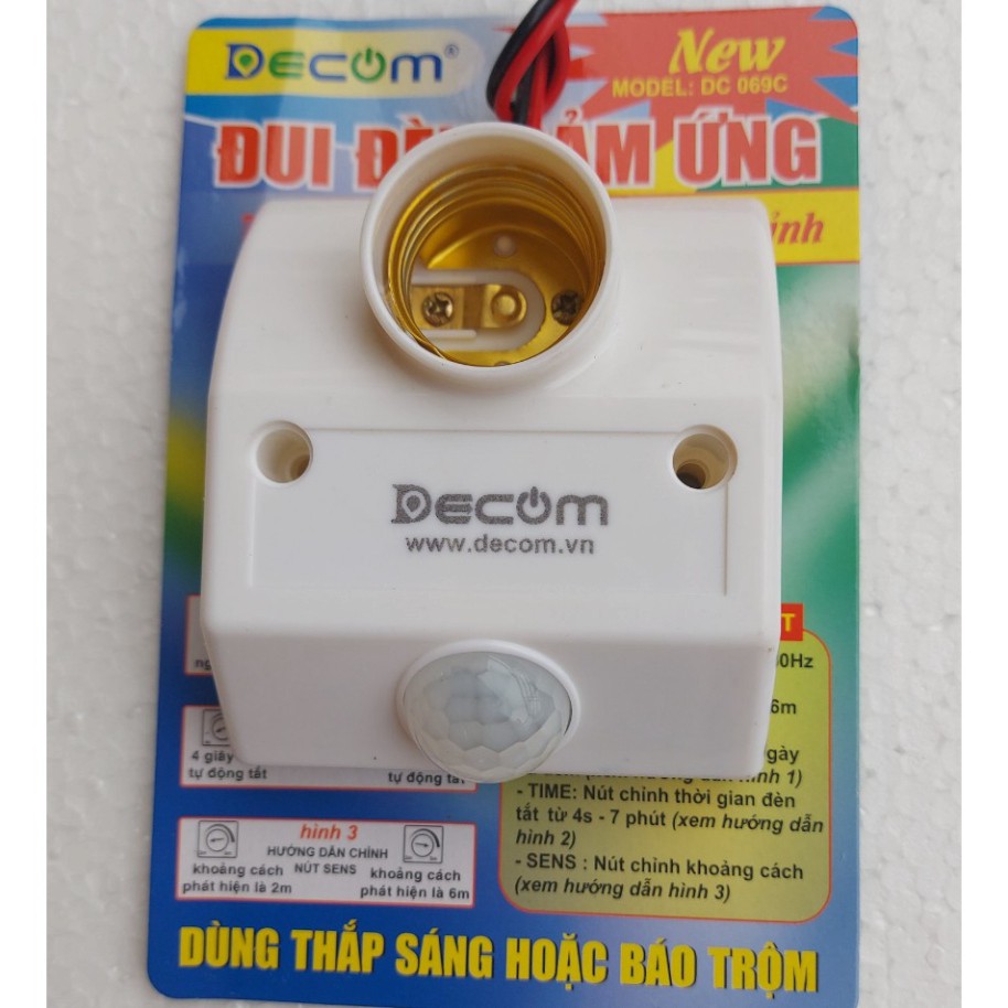 Đui đèn cảm biến hồng ngoại ,đui đèn cảm biến chuyển động 3 nút chỉnh Decom DC096C tự động bật tắt