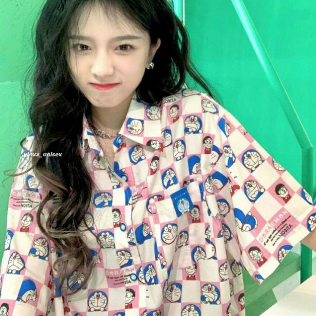 áo sơ mi nữ form rộng unisex hoạt hình tuổi thơ doremon