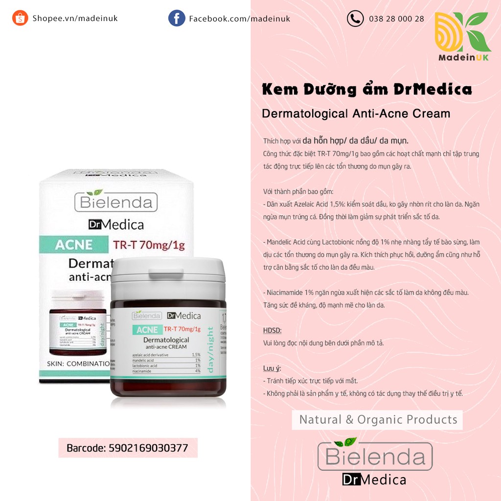 Kem Dưỡng Ẩm Giảm Mụn, Mờ Thâm Bielenda Dr Medica Anti-Acne Ba Lan