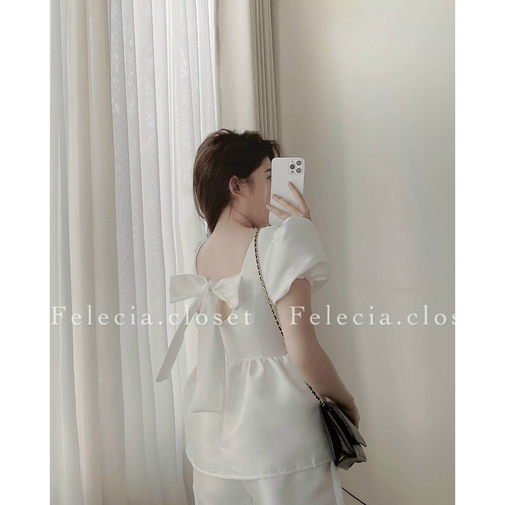 set áo baby doll trắng tay ngắn khoét hở lưng peplum cột nơ sau + quần short cao ulzzang