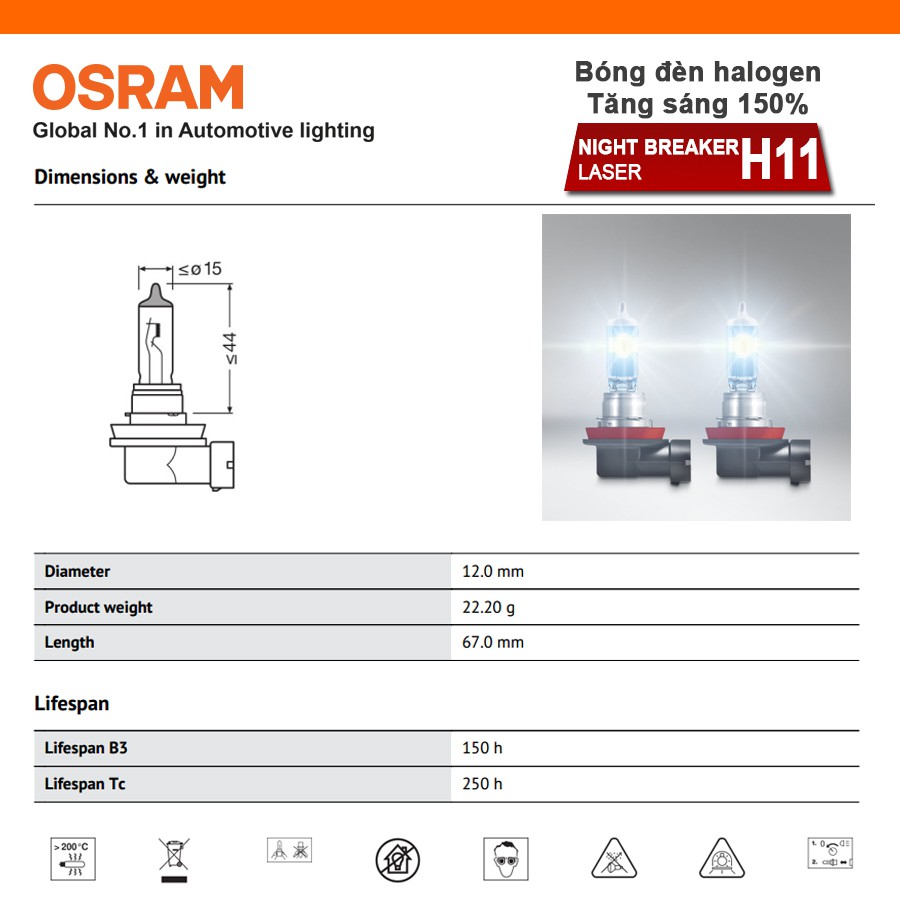 Combo 2 Bóng Đèn Halogen Tăng Sáng 150% OSRAM Night Breaker Laser H11 12V 55W - Nhập Khẩu Chính Hãng