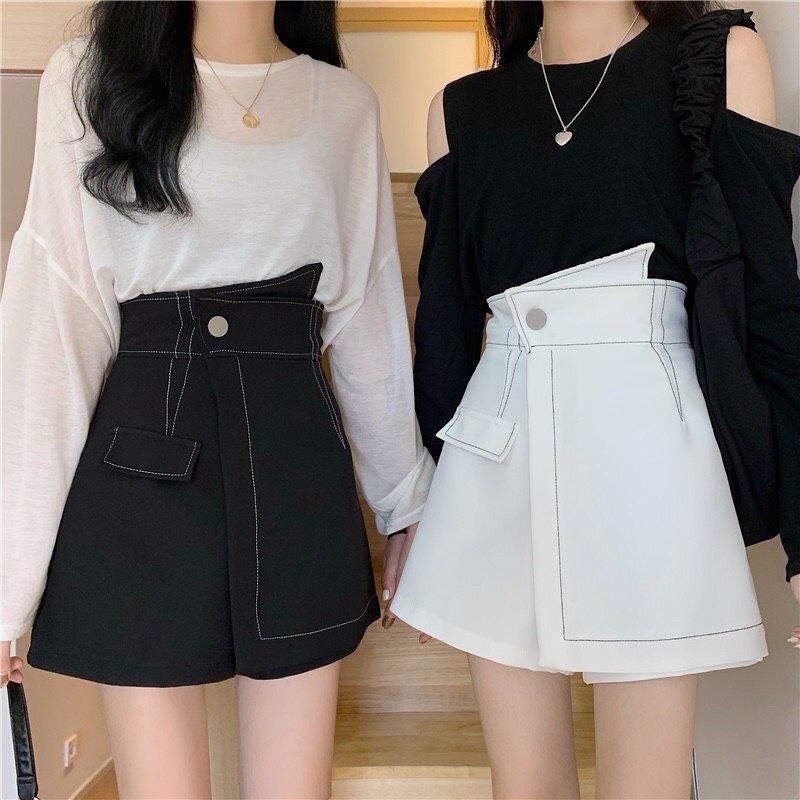 Quần Short Giả Váy Viền Chỉ Đai Cao
