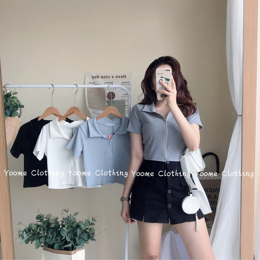 Áo croptop khóa 2 chiều cổ bẻ tay cộc chất umi dệt kimcho nữ Yoomeclothing [ ẢNH THẬT SHOP CHỤP]