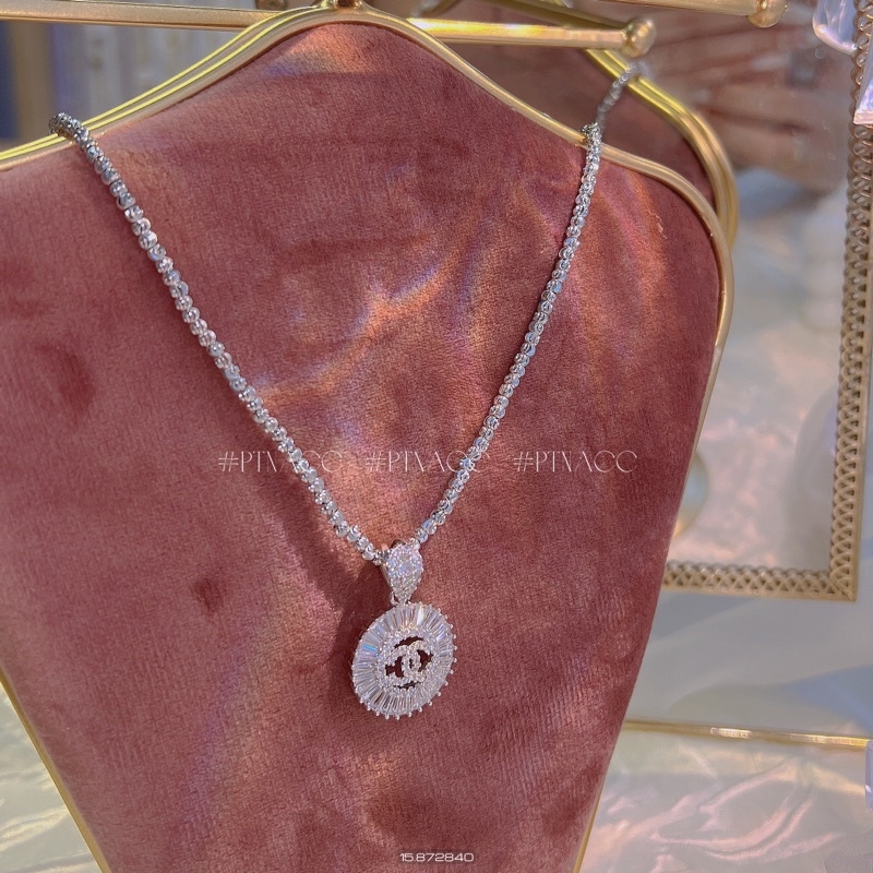 Dây chuyền, vòng cổ bi xi bạch kim phối mặt thương hiệu tròn đính đá paguet . PTNACC