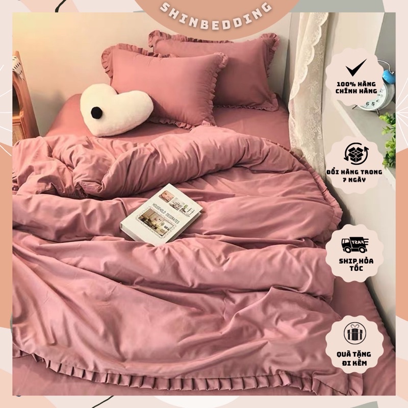 Set Chăn Ga Cotton TC Viền Bèo Hồng Đất Mềm Mại Thoáng Mát Siêu Bền Đẹp (Shinbedding.shop)