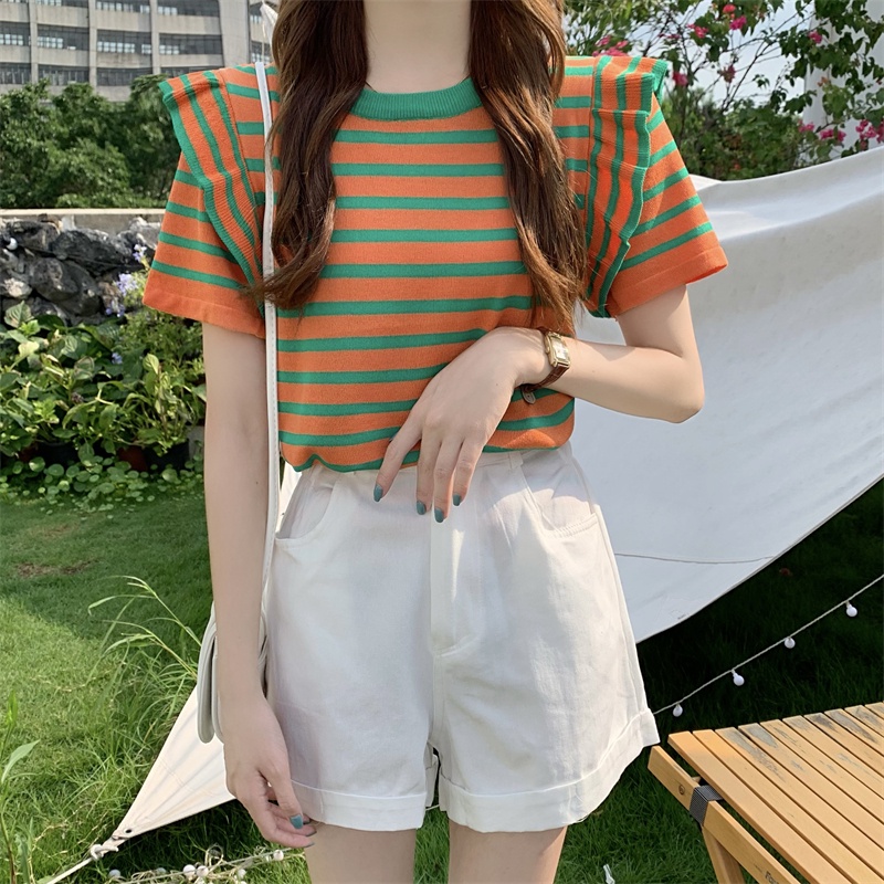 【Hana and Alice】Áo Thun Dệt Kim Tay Ngắn Cổ Tròn Họa Tiết Kẻ Sọc Thời Trang Cho Nữ