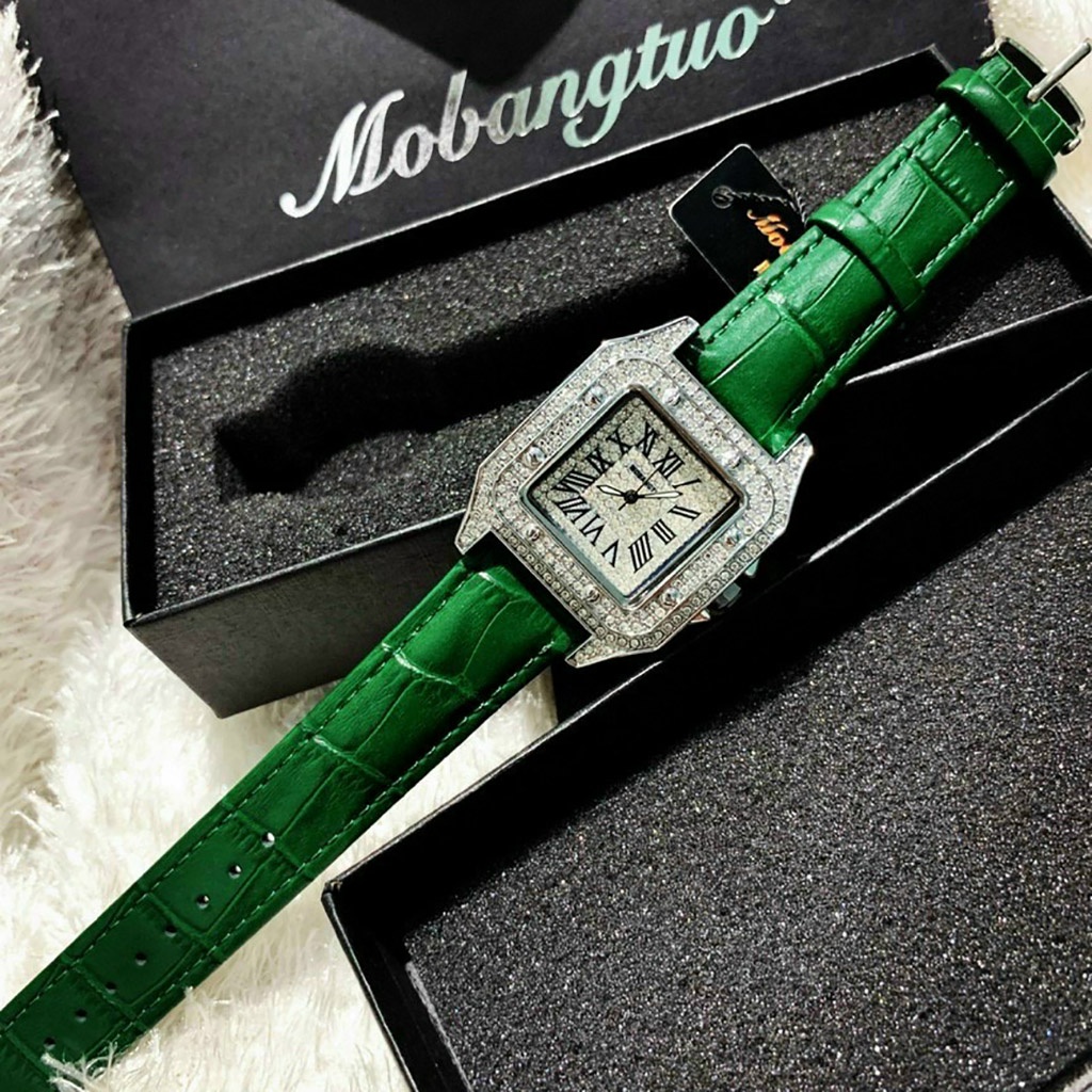 Đồng hồ nữ Mobangtuo dây da mặt vuông  đính full đá sang trọng, chống nước - Full Box