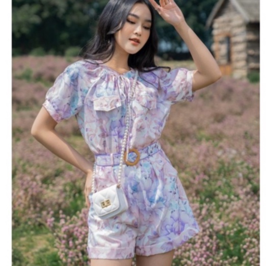 Set bộ Jumpsuit Đũi Thái ngắn họa tiết hoa lá kèm đai lưng- Orchid GH17S417