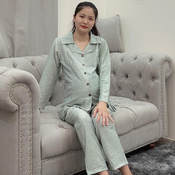 Bộ Pijama bầu sau sinh 2in1 vải thô đũi xước áo mở khóa ngực, quần chỉnh chun to nhỏ