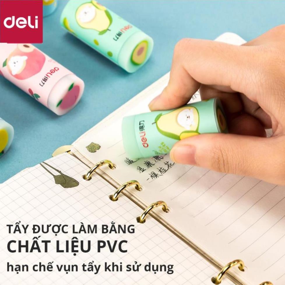 Tẩy hình trụ Deli hình vẽ hoa quả nhiều màu - Hồng/ Xanh dương/ Xanh ngọc - 71053 [Deli]