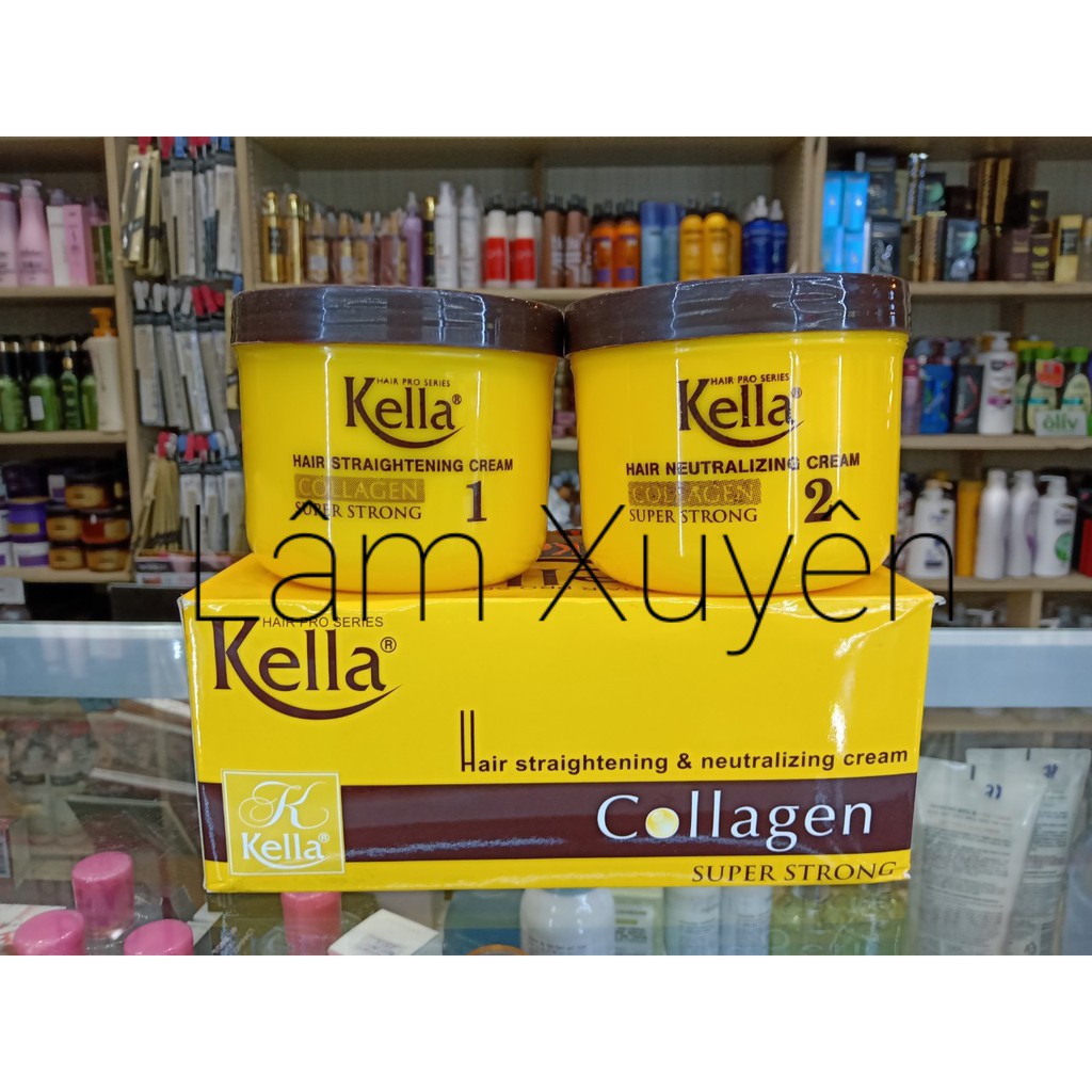 Thuốc duỗi tóc Kella collagen super strong 500ml siêu khỏe hộp màu vàng  duỗi tóc thẳng tự nhiên, chuyên  dụng