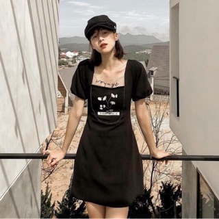 Đầm xoè hoa đính 3D tay phồng phối lưới thêu chữ