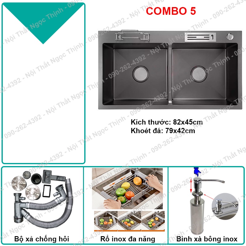 Combo chậu rửa chén Nano Tĩnh điện Đen 2 ngăn 8245 thiết kế có gác thớt khay cài dao tiện lợi