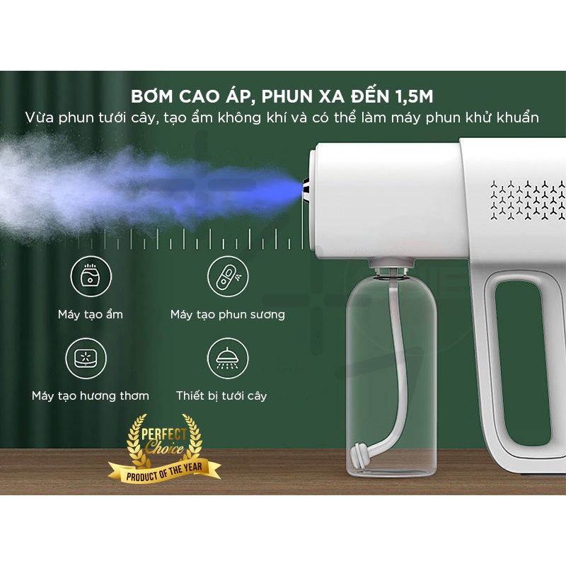 Súng Phun Khử Khuẩn Tia UV Công Suất Mạnh Mẽ Với 2 Tốc Độ Phun Tùy Chỉnh, Khoảng Cách Phun Xa Lên Đến 1.5m