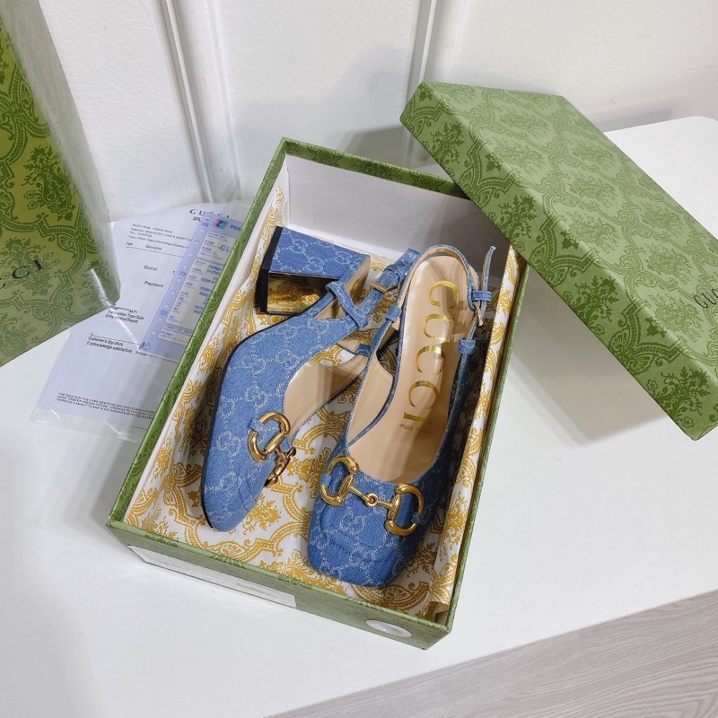 Giày sandal guốc guci jean hoạ tiết gót trụ fullbox