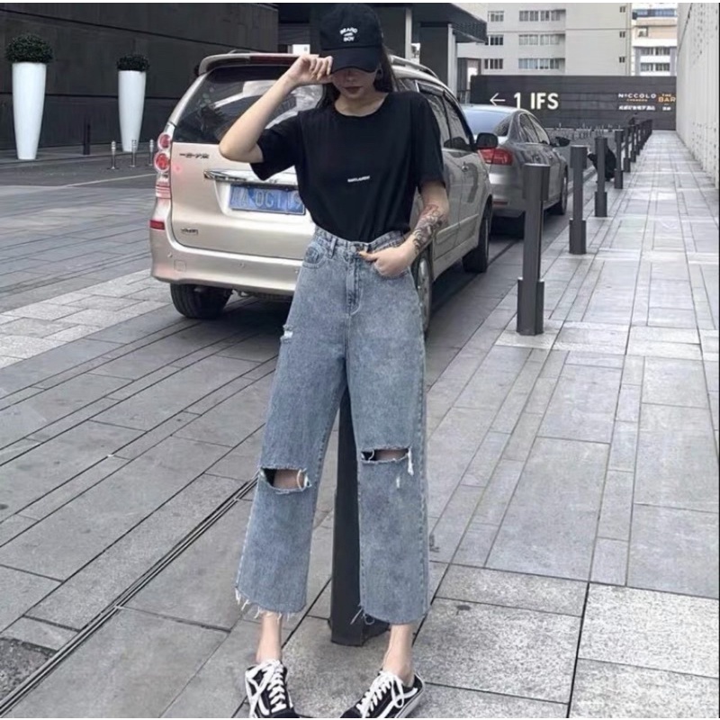 QUẦN SUÔNG RÁCH GỐI LỆCH RUA GẤU