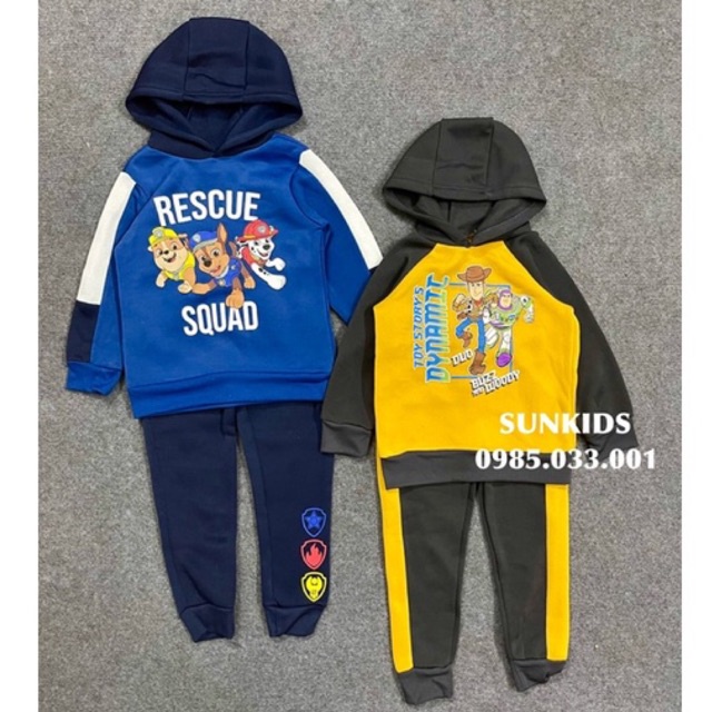 Bộ bé trai hoodie hoạt hình nỉ bông