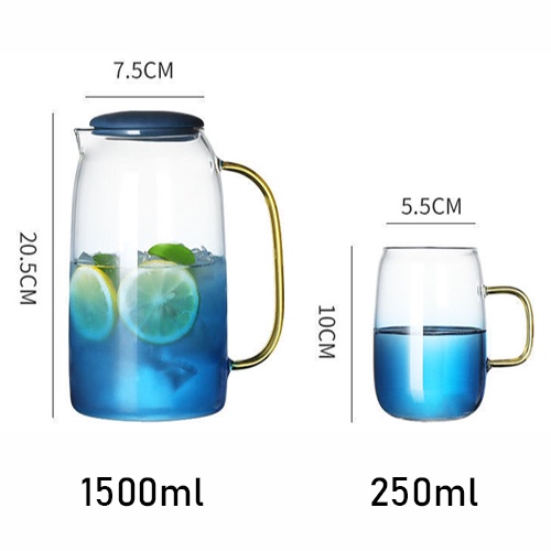 Bộ bình thủy tinh chịu nhiệt xanh đại dương 1500ml + 6 cốc 250ml   + giá úp mạ màu đen + khay kính cường lực đen