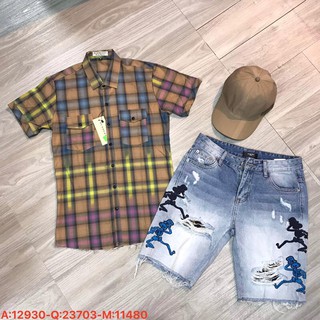 Áo sơ mi kẻ rách gấu, áo sơ mi kẻ phối màu, Bon store