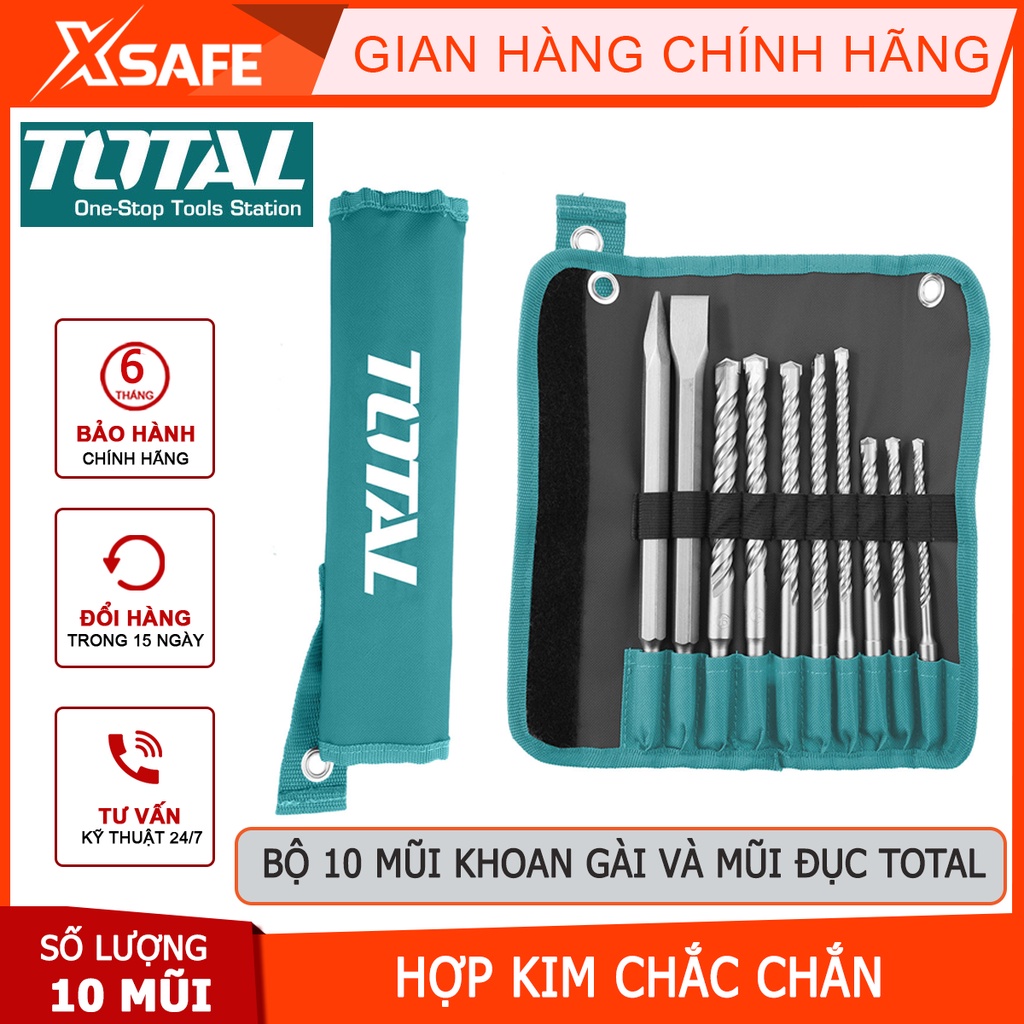 Bộ mũi khoan và mũi đục bê tông 10 chi tiết TOTAL TACSD19101 Bộ 10 mũi khoan gồm 8 mũi gài và 2 mũi đục - [XSAFE]