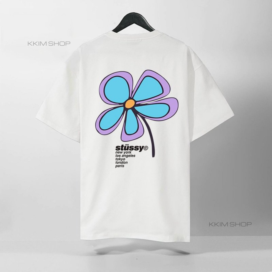 Áo thun tay lỡ STUSSY cỏ 4 lá may mắn, Áo thun unisex nam nữ form rộng oversize chất liệu Cotton KKIMSHOP