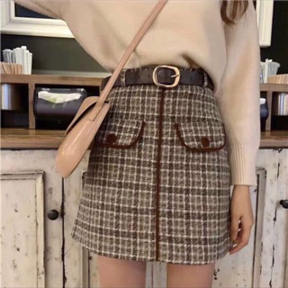 Chân váy dạ kẻ ngắn cạp cao QC kèm đai
