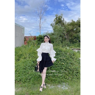 Áo sơ mi cách điệu cổ nơ tay bồng tầng bèo ren chất thô lụa mềm mại điệu đà cho nữ