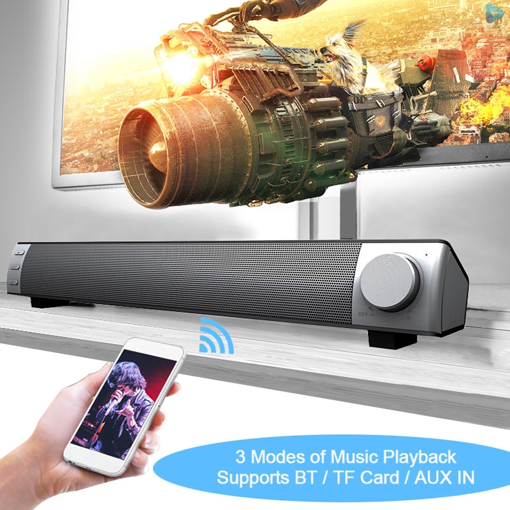 Wireless Bluetooth Speaker 10W Soundbar Home Theater Deep Bass Sound Bar AUX IN TF Card Music Playback Hands-free with Mic Built-in 2200mAh Battery