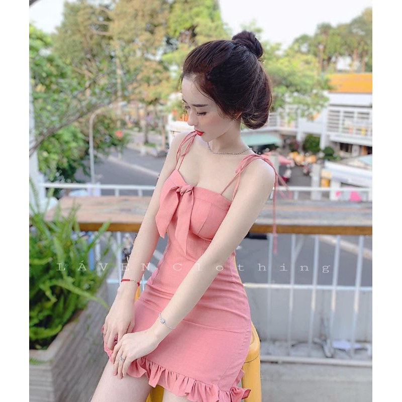 Đầm body hai dây buộc nơ đuôi cá