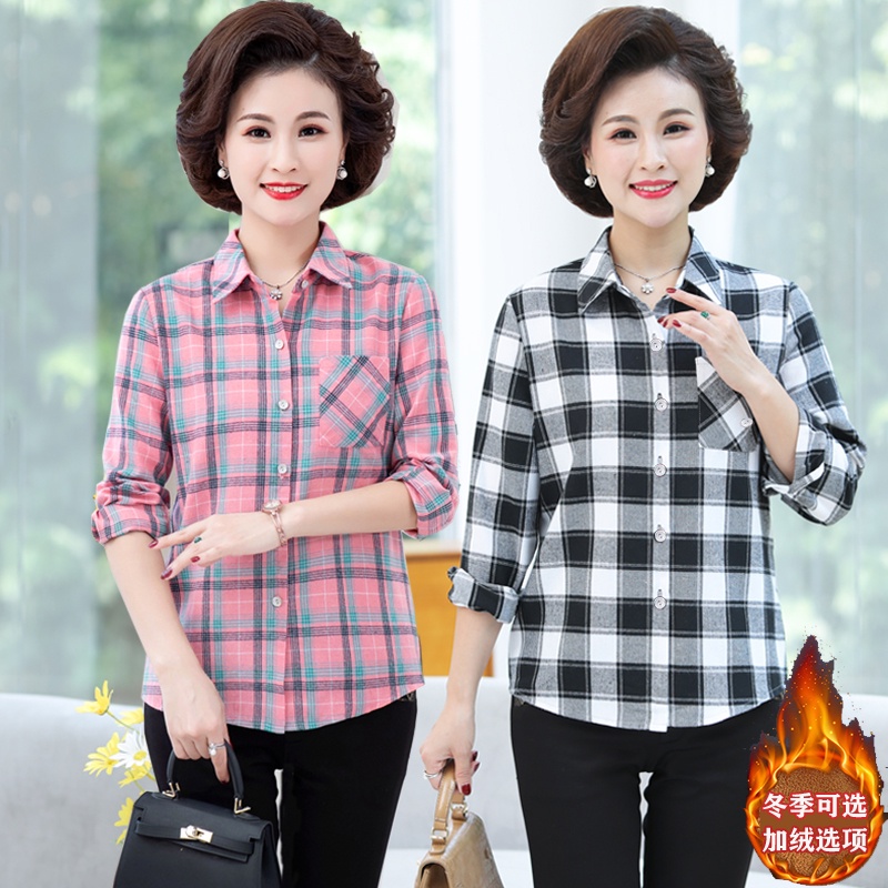 Áo sơ mi cotton tay dài họa tiết kẻ sọc thời trang mùa thu cho phụ nữ trung niên 40 tuổi/50 tuổi