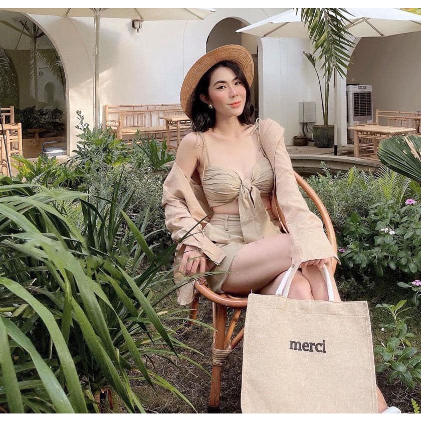 Set bộ 3 món croptop 2 dây, quần đùi from rộng kèm áo khoắc sơ mi, thích hợp cho nàng đi chơi, đi biển