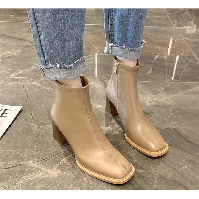 Giày Boots nữ da mềm khóa sườn WOMENSTORY bốt thời trang cao cấp  Boot cao cổ đế vuông 7 cm mùa đông