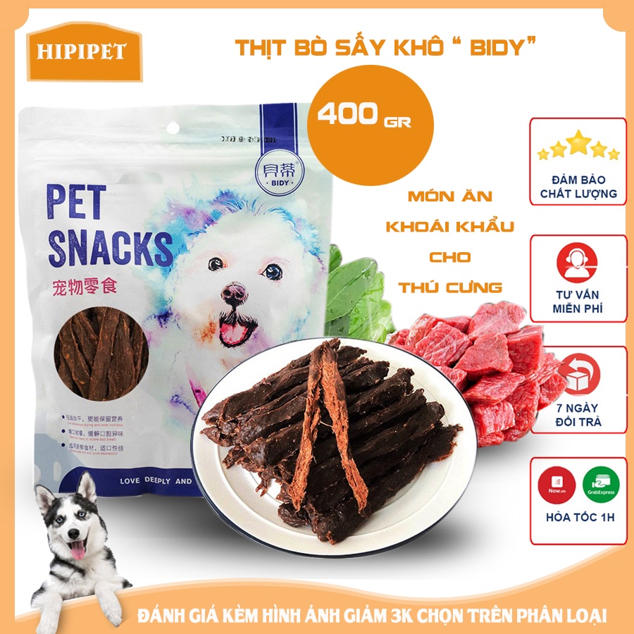 Đồ ăn cho chó Bidy Pet Snack Hipipet THỊT BÒ SẤY KHÔ  tăng cường dưỡng chất bổ xung cơ bắp cho thú cưng-400g