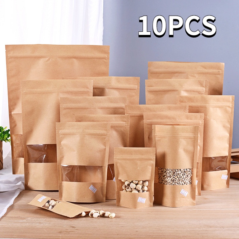 Set 10 Túi Giấy Kraft Màu Nâu Có Cửa Sổ Đứng Đựng Thực Phẩm Trà Cà Phê Kẹo Có Thể Tái Sử Dụng