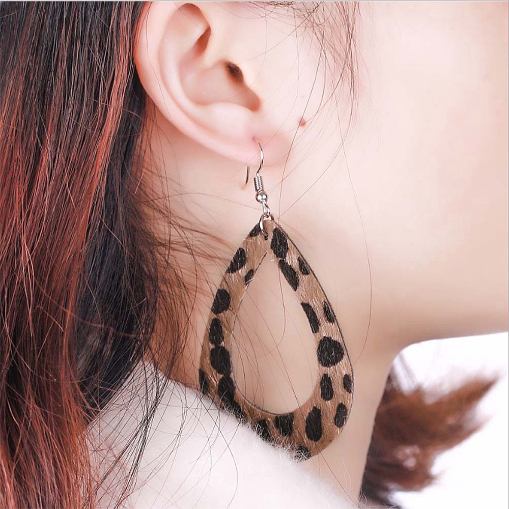 Faux Leather Leaf Earrings Teardrop Dangle Drop Leopard Print Hollow Hook 1 Pair